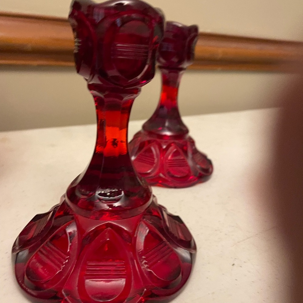 Fenton Glass. Barred tear drop design. Ruby Red Elegant Glass Candle Holders - Picture 5 of 5